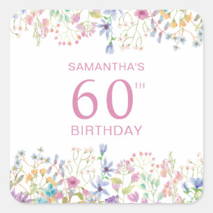  Pink Wildflower 60th Birthday  Square Sticker