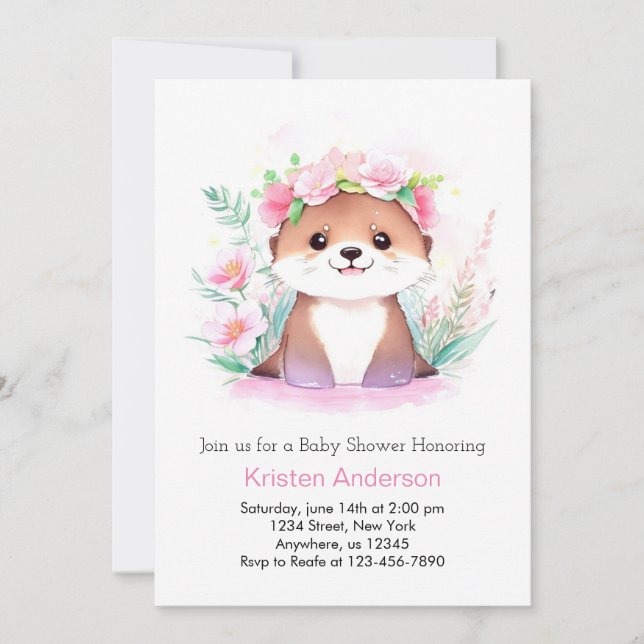 Pink Wildflower Adventure Otter Girl Baby Shower Invitation (Front)
