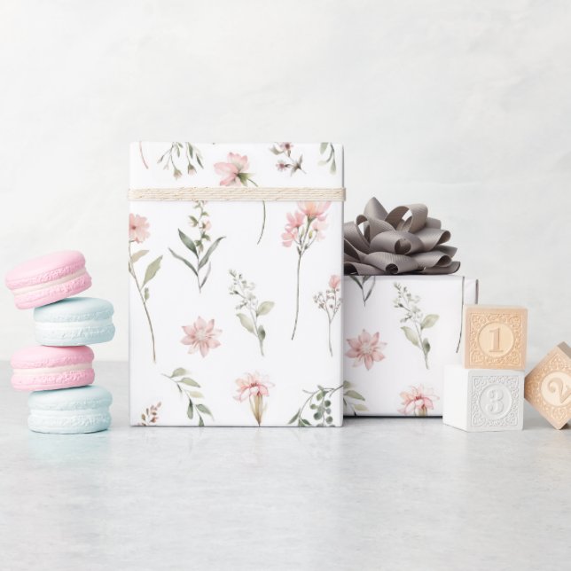 pink wildflower and sage green greenery wrapping paper (Baby Shower)