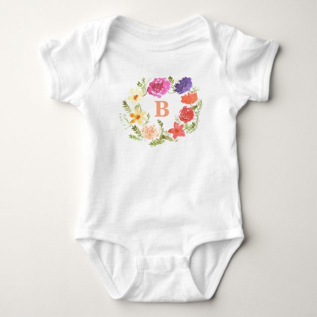 Pink Wildflower Baby Girl Initial Monogram Bodysuit (Front)