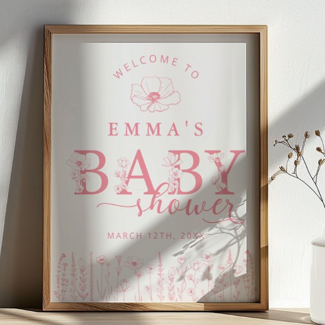 Pink Wildflower Baby Shower Welcome Sign (Pink Baby Shower Welcome Sign)