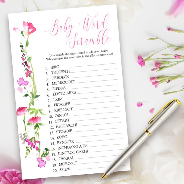 Pink Wildflower Baby Word Scramble Shower Game (Baby Shower Game Cards from my Pink Wildflower Collection. Message me to create co-ordinating items.)