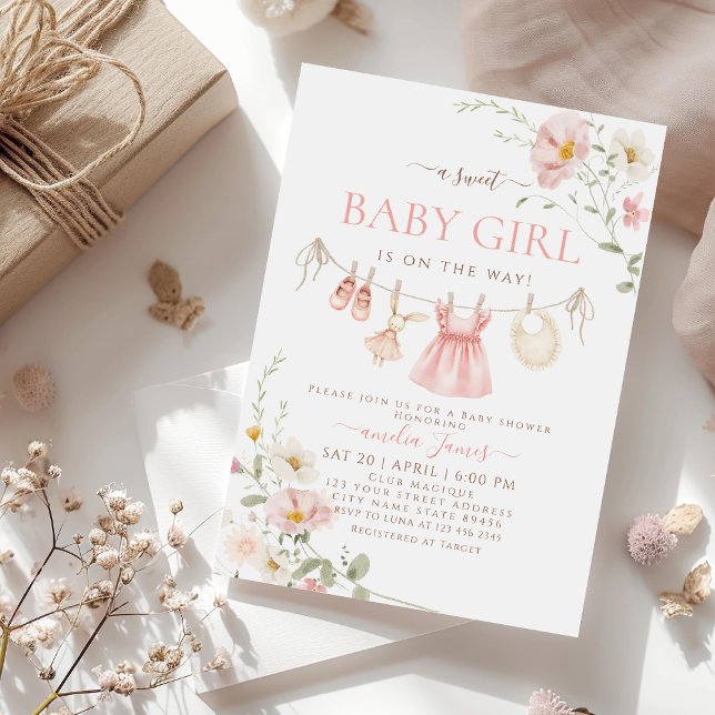 Pink Wildflower Boho baby clothes Baby Shower Invitation (Creator Uploaded)