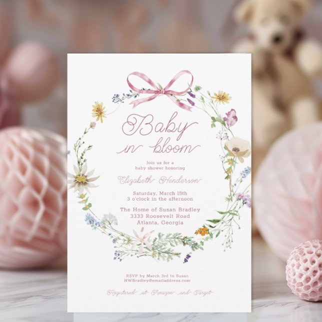 Pink Wildflower Bow Baby In Bloom Baby Shower Invitation (Creator Uploaded)
