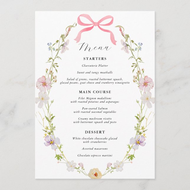 Pink Wildflower Bow Baby Shower Menu (Front)