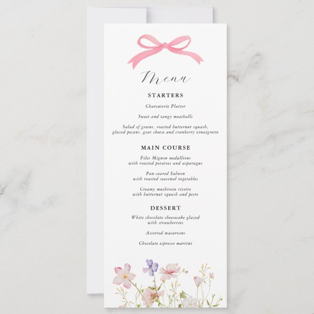 Pink Wildflower Bow Baby Shower Menu Invitation (Front)