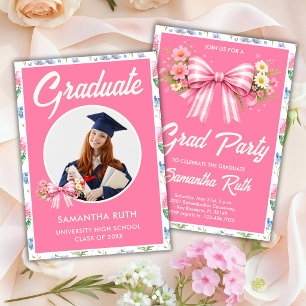 Pink Wildflower Bow Photo Graduation Party Invitation