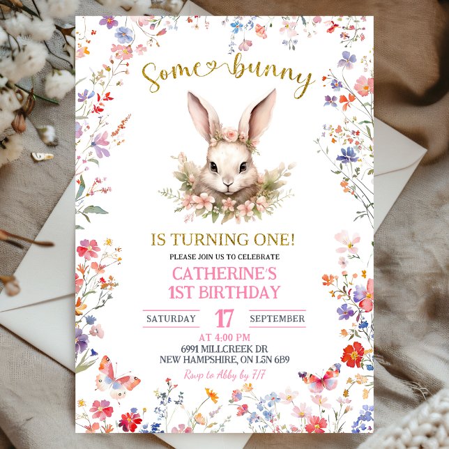 Pink Wildflower Bunny Birthday Invitation (Creator Uploaded)
