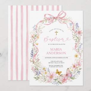 Pink Wildflower butterfly Baptism Cross Invitation