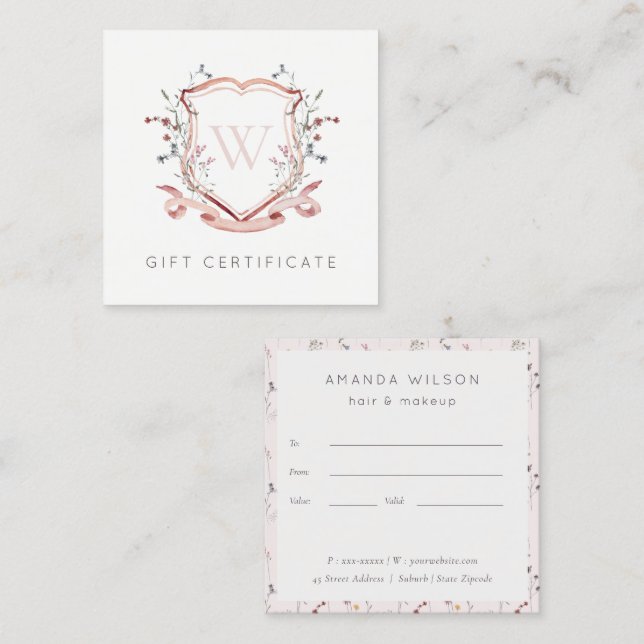 Pink Wildflower Crest Monogram Gift Certificate (Front/Back)