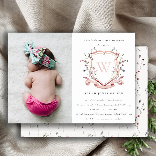 Pink Wildflower Crest Photo First Holy Communion Invitation (Creator Uploaded)
