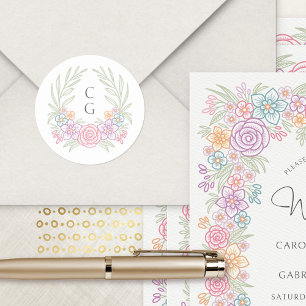 Pink Wildflower Crest Wreath Wedding Classic Round Sticker