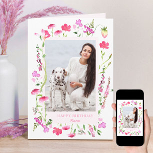 Pink Wildflower Delicate Floral Photo Birthday Card