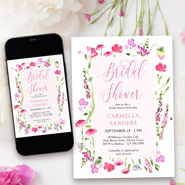 Pink Wildflower Elegant Feminine Bridal Shower Invitation (Bridal Shower Invitation from my Pink Wildflower Collection. )
