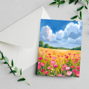 Pink Wildflower Field Floral Watercolor Card