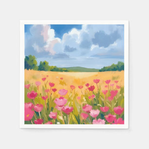 Pink Wildflower Field Floral Watercolor Painting Napkin