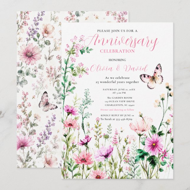Pink Wildflower Floral Anniversary Invitation (Front/Back)