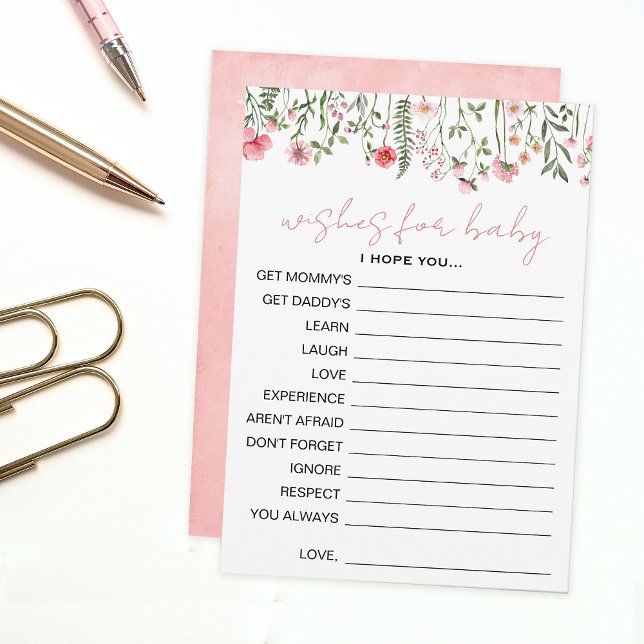 Pink wildflower floral baby shower Baby wishes Advice Card (Creator Uploaded)