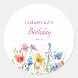 Pink Wildflower Floral Birthday  Classic Round Sticker
