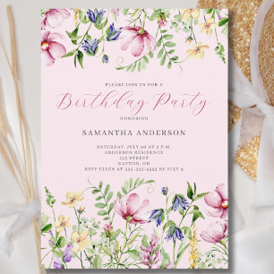 Pink Wildflower Floral Birthday Invitation