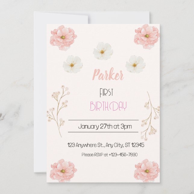 Pink Wildflower Floral Gitrly Birthday party Invitation (Front)