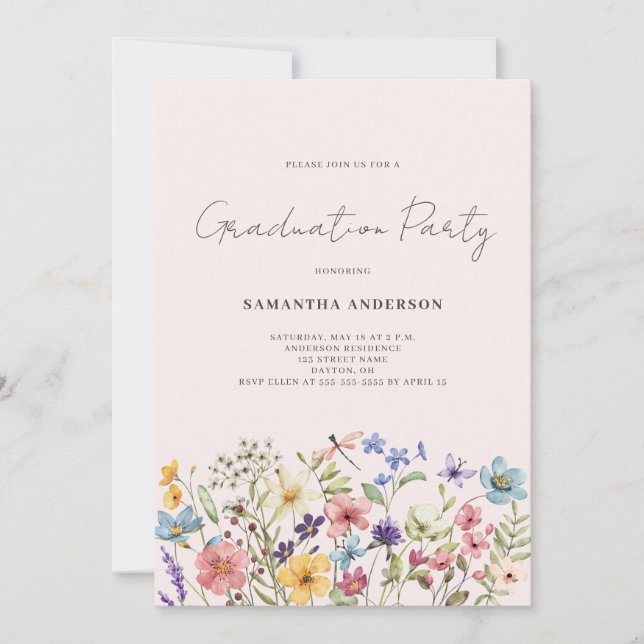 Pink Wildflower Floral Graduation Party  Invitation (Front)