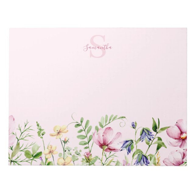 Pink Wildflower Floral Monogram Notepad (Front)