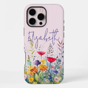 Pink Wildflower Garden Feminine Script First Name iPhone 16 Pro Max Case