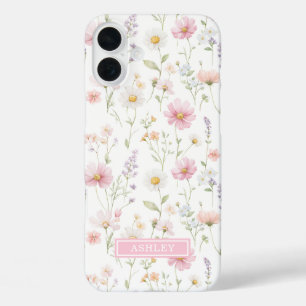 Pink Wildflower Garden Monogrammed iPhone 16 Plus Case