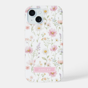 Pink Wildflower Garden Monogrammed iPhone 15 Case