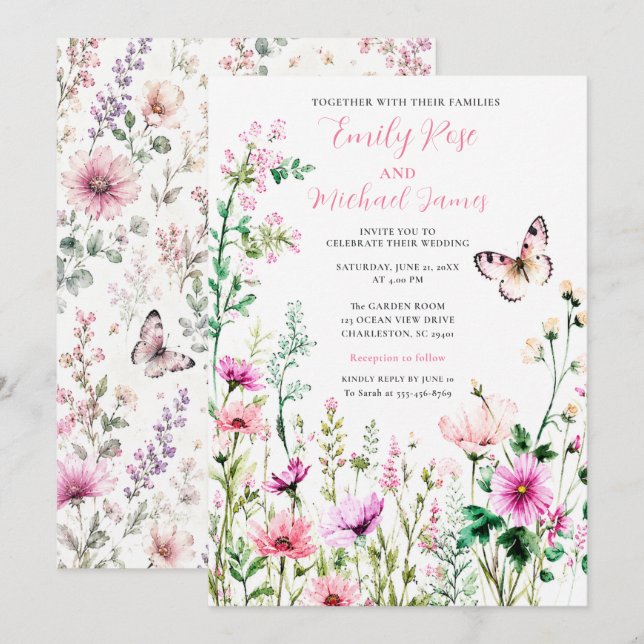 Pink Wildflower Garden Wedding Invitation (Front/Back)