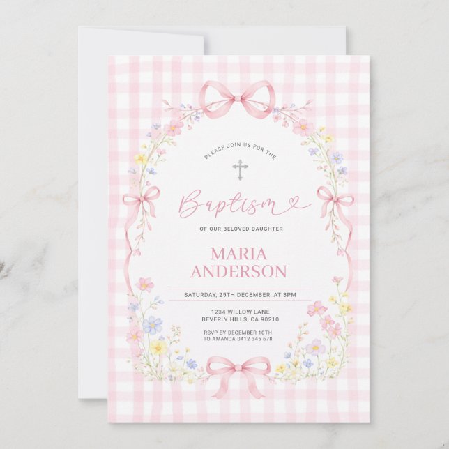 Pink WILDFLOWER Gingham Floral Baptism Invitation (Front)