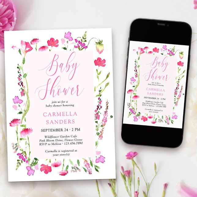 Pink Wildflower Girl Baby Shower Dainty Floral Inv Invitation (Girl Baby Shower Invitation from my Pink Wildflower Collection)