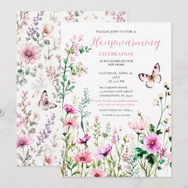 Pink Wildflower Housewarming Celebration Invitation (Front/Back)