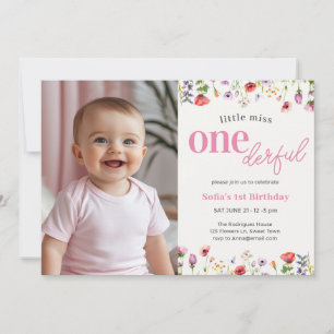 Pink Wildflower Little Miss Onederful 1st Birthday Invitation