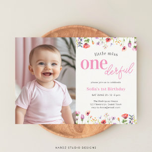 Pink Wildflower Little Miss Onederful 1st Birthday Invitation