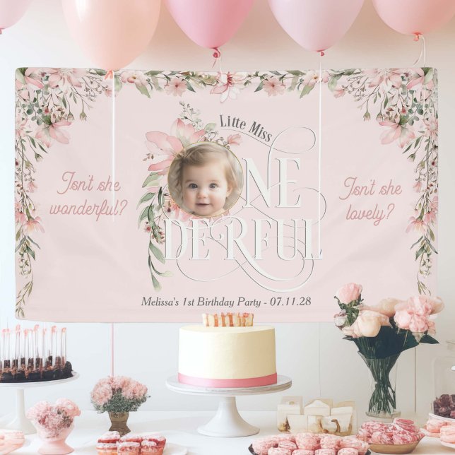 Pink Wildflower Miss Onederful Girl 1st Birthday  Banner (Pink Baby Girl 1st birthday backdrops, Miss Onederland WIldflower Themed birthday decor with photo.)