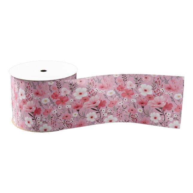 Pink Wildflower Pattern Grosgrain Ribbon (Spool)