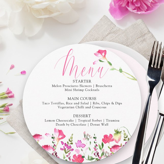 Pink Wildflower Pretty Wedding Shower Menu (Fully editable menu from my pink wildflower collection)