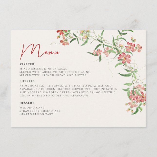 Pink Wildflower Rose Spring Garland Wedding Menu (Front)