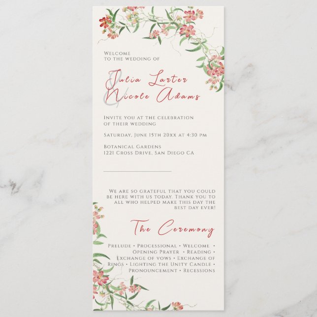 Pink Wildflower Rose Spring Garland Wedding Programme (Front)
