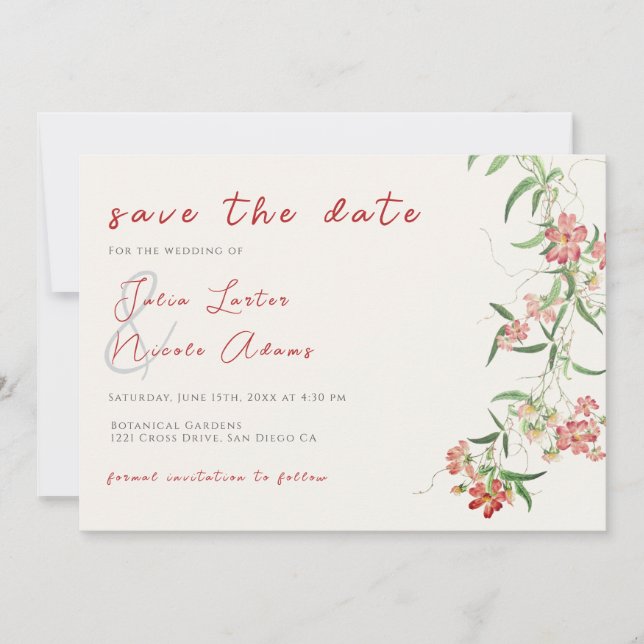 Pink Wildflower Rose Spring Garland Wedding Save The Date (Front)