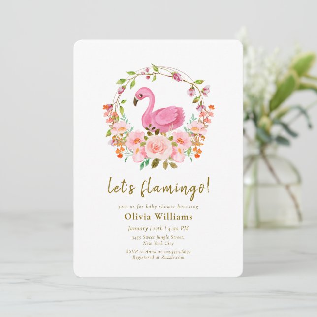 Pink Wildflower Rose Wreath Flamingo Baby Shower Invitation (Standing Front)