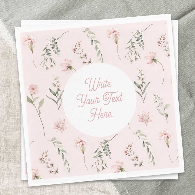 Pink Wildflower Sage Green Greenery Watercolor Napkin (Pink Watercolor Wildflower and Sage Green Greenery, all-occasion paper napkins)