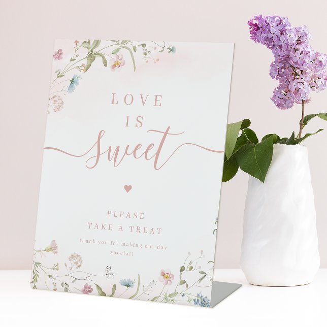 Pink Wildflower script rustic Love is Sweet Pedestal Sign (Pink Wildflower script rustic Love is Sweet Pedestal Sign)