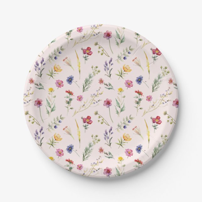Pink Wildflower Spring Floral Paper Plate (Front)