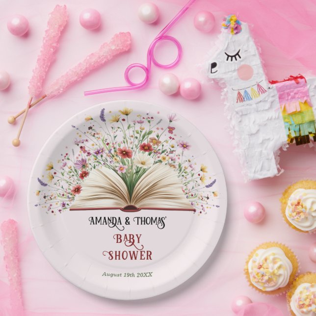 Pink Wildflower Storybook Blue Baby Shower  Paper Plate (Party)