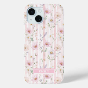 Pink Wildflower Striped Monogrammed iPhone 15 Case