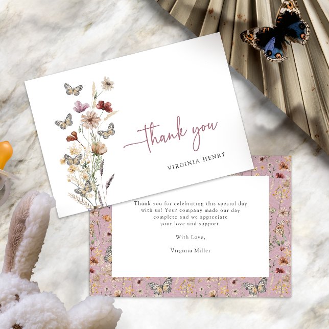 Pink Wildflower Thank You Cards (Dusty Pink Wildflower Thank You Cards with Butterflies by Painted Paperie
)