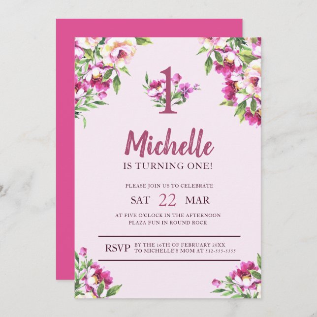 Pink Wildflower Turning One Invitation (Front/Back)